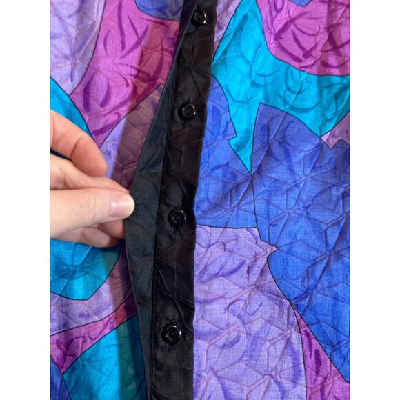 Vintage Bernini Top Womens 14 Cobalt & Purple Leaf Print Satin Button Front 80s - Picture 5 of 15